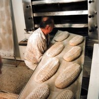 Bäckermeister bäckt Schwarzbrot